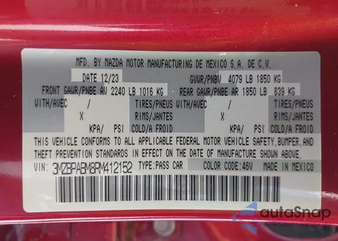 2024 Mazda Mazda3 2.5 S Select Sport z USA, uszkodzony, nr VIN 3MZBPABM8RM412152